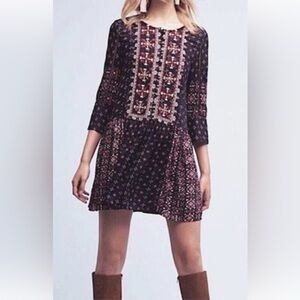 Anthro Vanessa Virginia Kaleidoscope Embroidered Tunic Dress S Floral 3/4 Sleeve